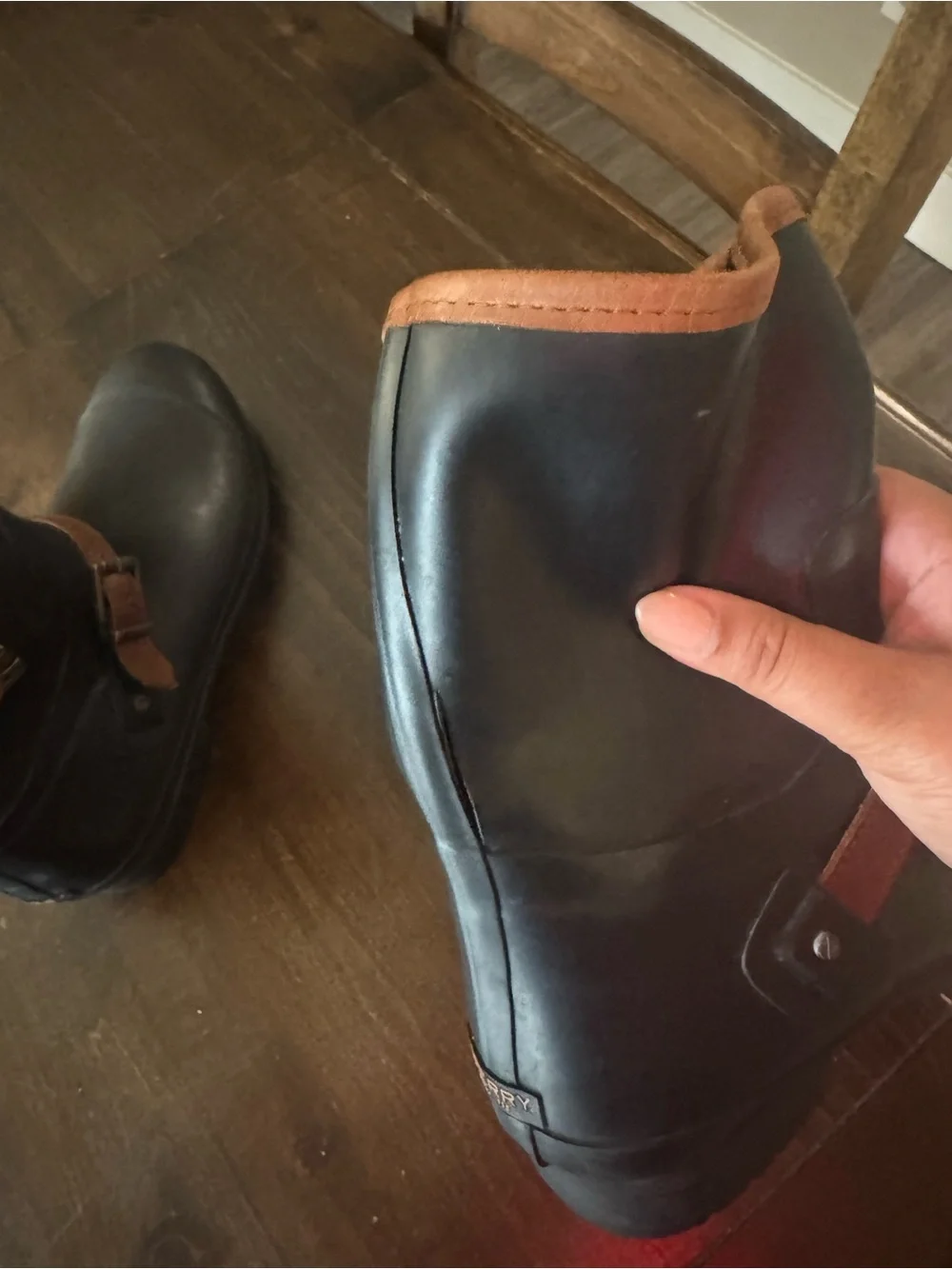 Women’s Sperry Rain Boots with Brown Trim and Buckles